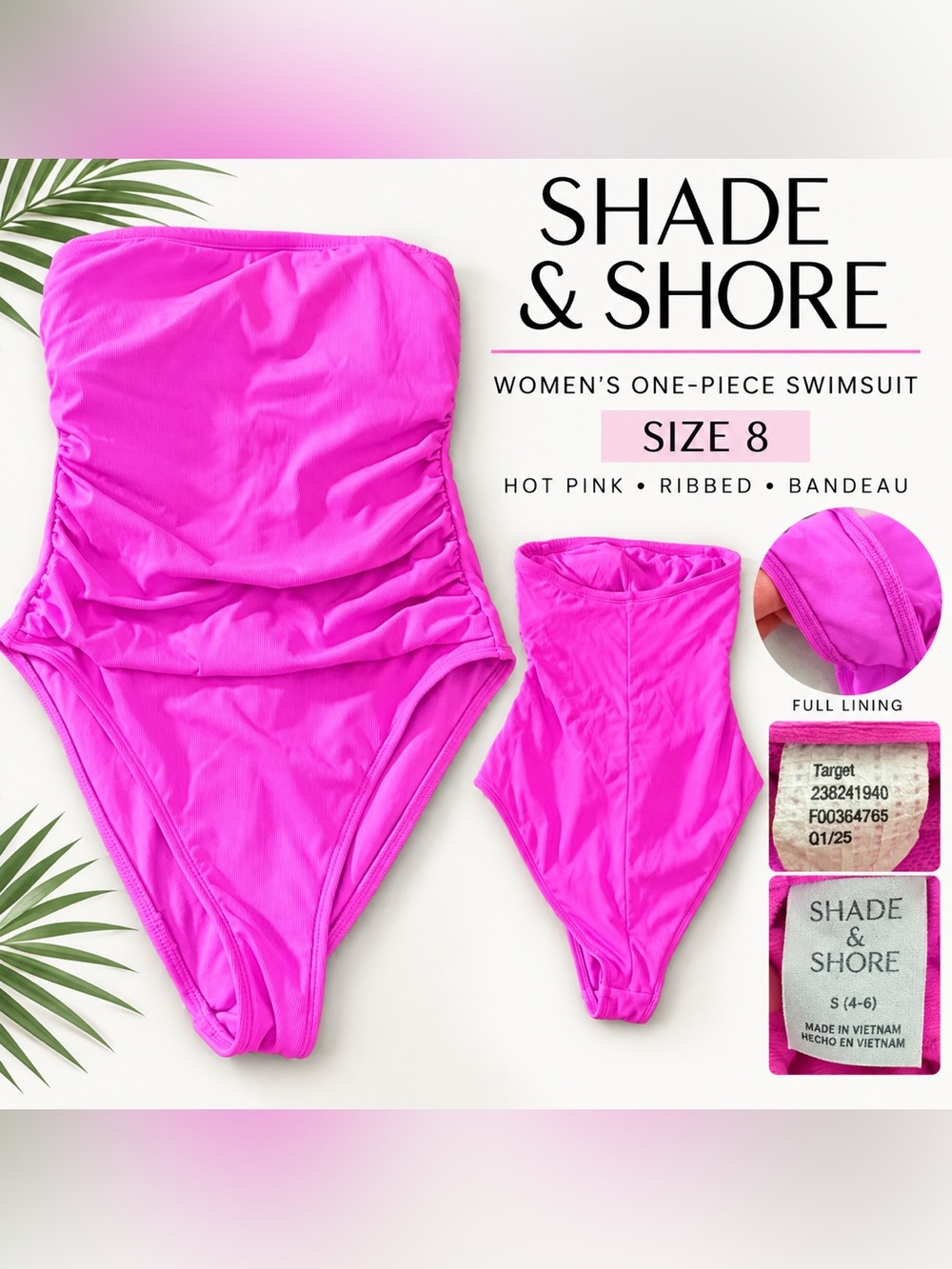 Shade & Shore Hot Pink Ribbed Bandeau One-Piece Swimsuit